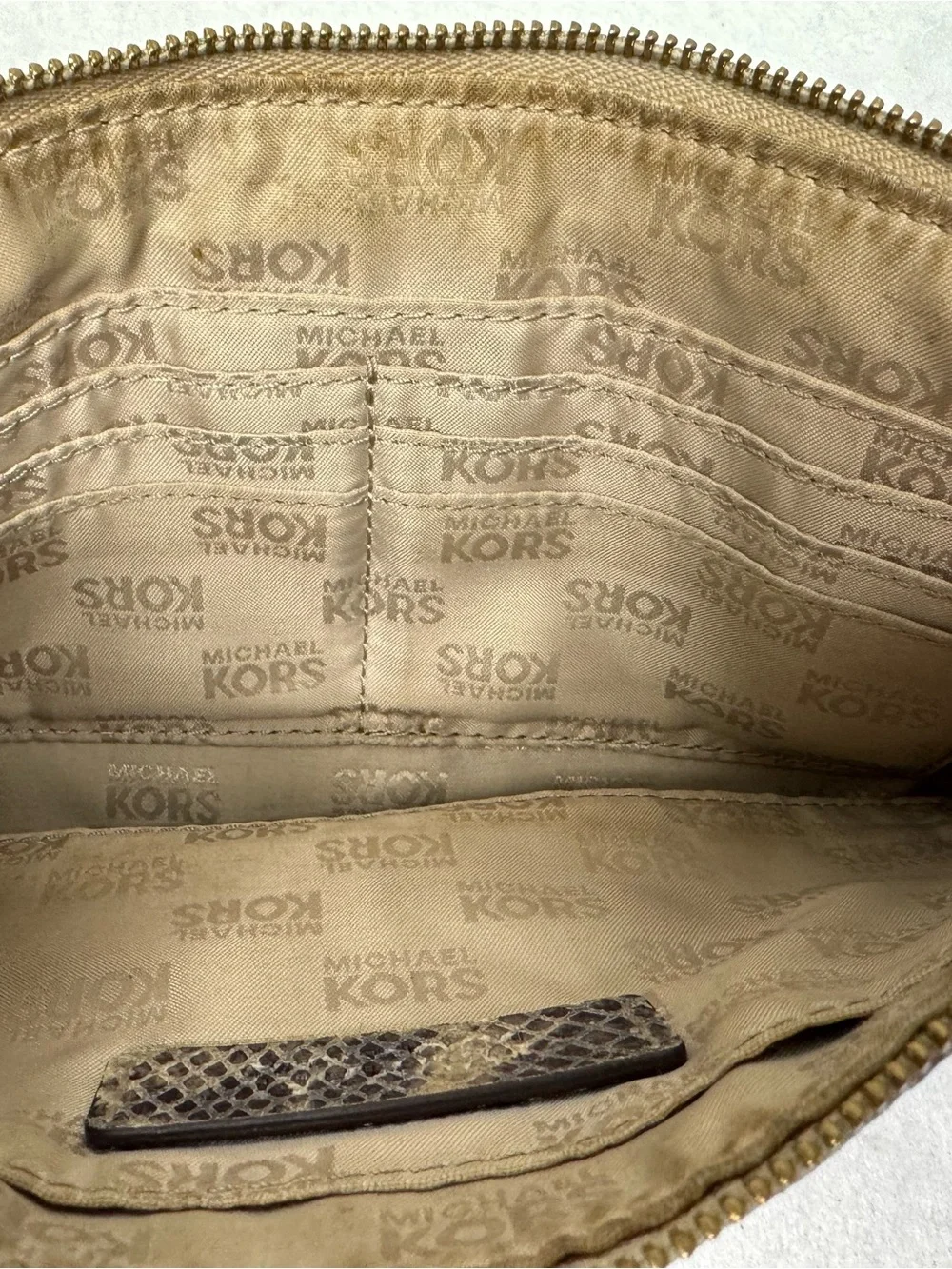 Michael Kors Snakeskin Python Embossed Leather Wristlet Clutch Gold Logo